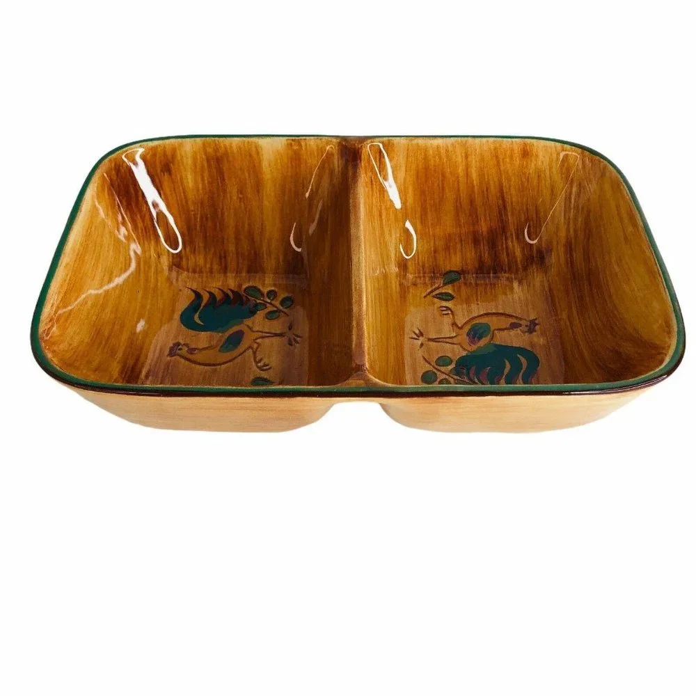 Pennsbury Pottery Red Rooster Divided Vegetable Dish‎ Serving Bowl Art Pottery